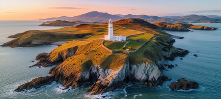 Lonely lighthouse on island amidst ocean waves at dusk, aerial view in golden hourの素材