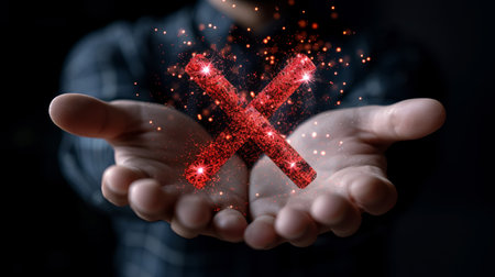 Businessman holding hologram of red x mark for fail, certification, or audit conceptの素材