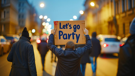 Excited man holding  let s go party  sign with blurred night city background   party concept imageの素材
