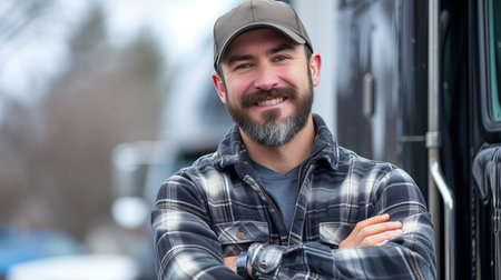Confident bearded truck driver standing in front of his vehicle, arms crossed, smiling at the cameraの素材