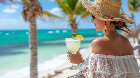 A beautiful woman drinking a margarita on a sunny paradise beach with space for text placementの素材