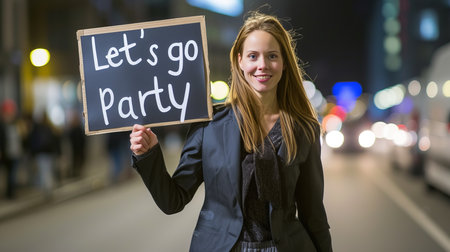 Joyful woman in suit holding  let s go party  sign against blurred night city, party concept imageの素材