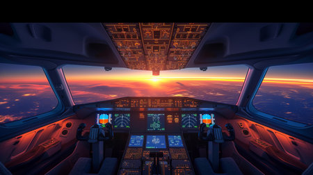 Evening flight  pilot in cockpit of civil airplane, control panel, and dashboard.の素材