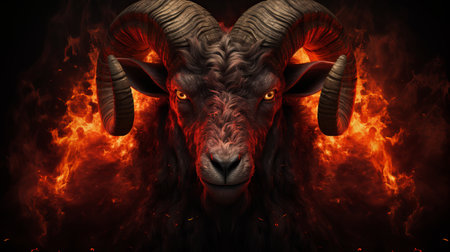 Majestic aries zodiac sign with fiery ram, swirling flames, and pioneering energyの素材
