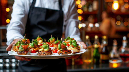 Stylish waiter serving mouthwatering meat dish at a festive event or wedding receptionの素材