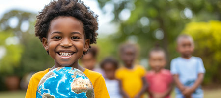 African children holding earth globe for peace day concept over nature backgroundの素材