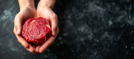 Freshly cut, juicy raw beef steak held by skilled butcher hands, perfect for food advertisingの素材