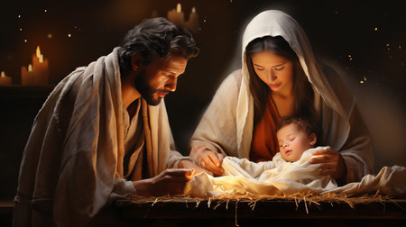 Enchanting christmas nativity scene with mary, joseph, and baby jesus in old barnの素材