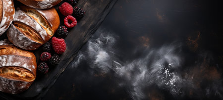 Assorted freshly baked bakery products on chalkboard background with copy space, top viewの素材