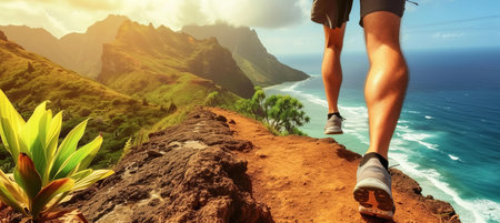 Active male hiker with sports shoes and backpack running on scenic mountain pathの素材