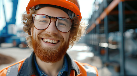Confident builder worker in uniform and safety helmet smiling with copy space, labour day conceptの素材