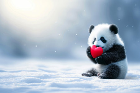 Panda cub presenting heart shaped gift on magical blurred background, valentine s day, cute animalsの素材