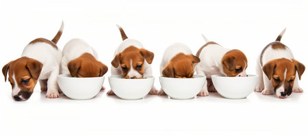Cute puppies eagerly await meal in domestic pet setting with breed nutrition backgroundの素材