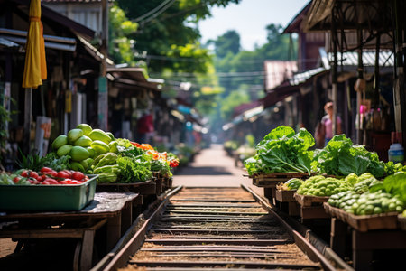 Vibrant colors and dynamic activity at a bustling food market under bright, natural lightingの素材