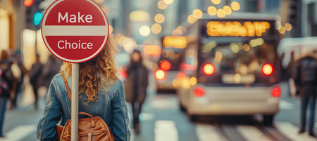 Confused woman at crossroad, deciding which path to takemake your choice and find your way.の素材