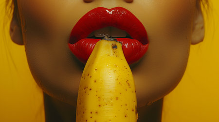 Close up of model woman with red lips biting yellow banana, showcasing beautiful face and makeupの素材