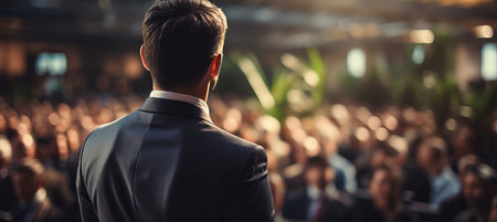 Professional business conference speaker presenting with copy space for text placementの素材