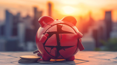 Financial crisis, broken piggy bank symbolizing bankruptcy, investment loss, and economic stress.の素材