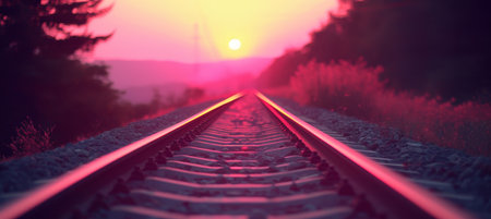 Spectacular railway track vanishing into the horizon under the stunning golden sunset glowの素材