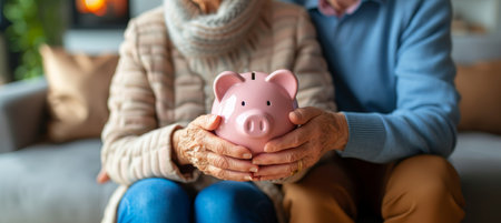 Senior couple s retirement dreams  holding pink piggy bank, saving for future and retirement pensionの素材