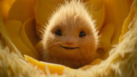 Curious mouse peeking through hole in cheese   cute and funny animal photographyの素材