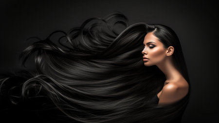 Stylish model with long black hair on dark background for hair care ads with copy spaceの素材