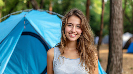 Captivating young woman embracing the joy of camping in a beautiful outdoor landscapeの素材