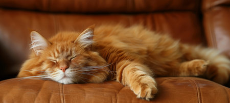 Sleepy tabby cat lounging on a comfortable sofa with ample space for text placementの素材