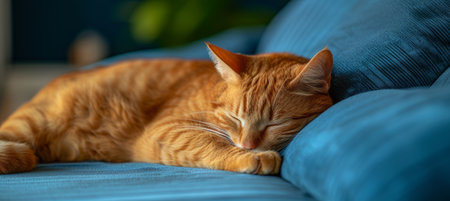Relaxed tabby cat taking a nap on comfortable sofa with blank space for text or advertisementsの素材