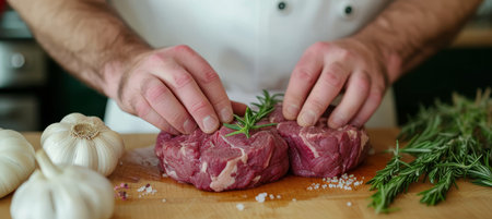 Chef s hands preparing beef steak with vegetable decoration in hotel or restaurant kitchenの素材