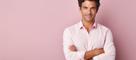 Young smiling businessman in casual attire poses for camera on pastel background with copy spaceの素材