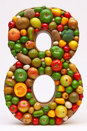 Vibrant number 8 crafted from colorful fruits and vegetables on clean white backgroundの素材