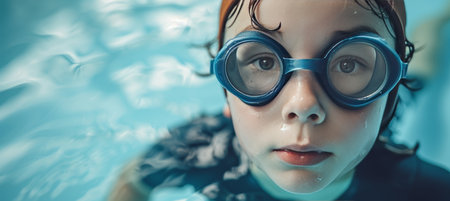 Close up of boy child swimmer in swimming pool with copy space for text placementの素材