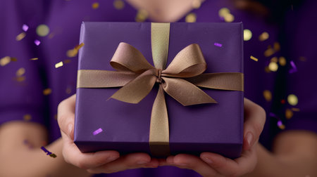 Elegant gift box with golden ribbon held by woman on purple background with confetti and text space.の素材