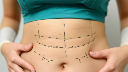Overweight woman s abdomen with fat pad and markers, illustrating obesity concept.の素材