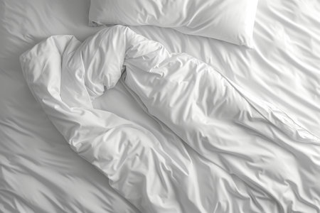 White folded duvet on bed for winter season preparation and household textile in hotel or homeの素材