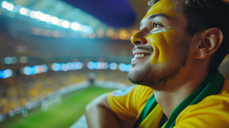 Excited brazilian fan with face paint in flag colors at football stadium event, copy space for textの素材
