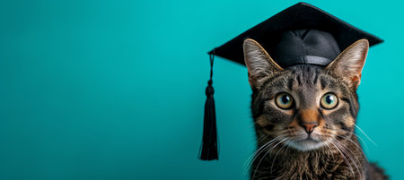 Adorable cat in graduation hat on pastel background with ample space for text placementの素材