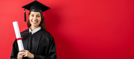 Radiant graduate in cap and gown with diploma against red studio background and copy spaceの素材