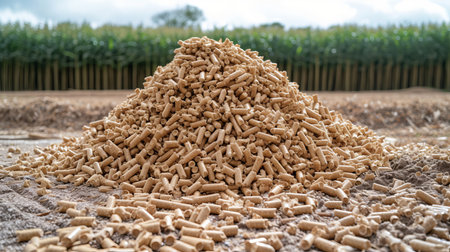 Biomass wood pellets pile and woodpile on blurred background with copy space for textの素材