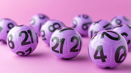 Vibrant close up of purple lottery balls with lucky number 21 on pastel backgroundの素材