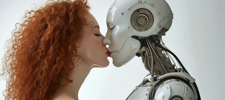Real woman kissing humanoid android robot, romantic love concept with copy spaceの素材