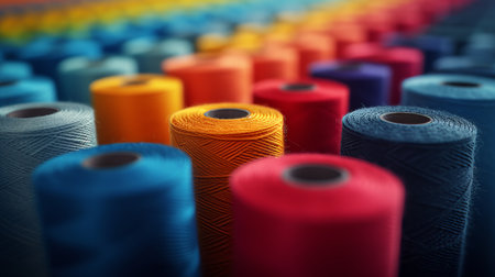 Vibrant assortment of colorful cotton threads on tailor textile fabric backgroundの素材