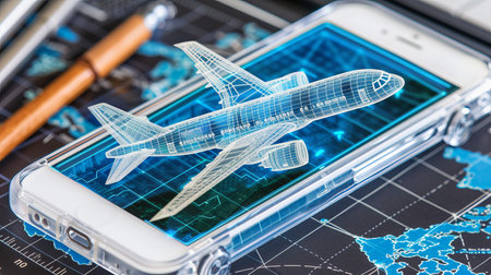 Interactive holographic airborne transport icon with shining effects in futuristic settingの素材