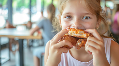 Happy preteen enjoying chicken wings in a restaurant with blurred background and copy spaceの素材