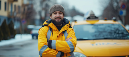 Confident bearded male taxi driver posing in front of cab, with copy space for text placementの素材