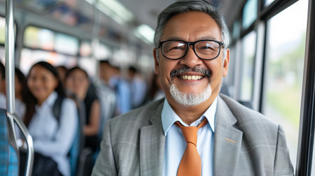 Happy asian businessman commuting by bus to reduce air pollution, sustainable public transportationの素材