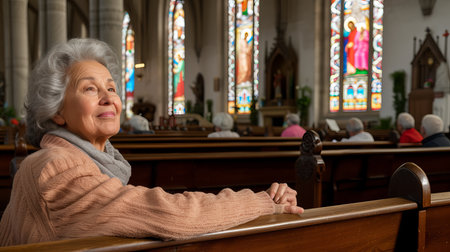 Elderly woman praying at catholic church, hands raised towards light with space for text placementの素材