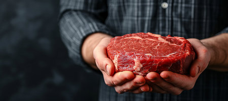 Professional butcher holding a large raw red beef steak with copy space for text placementの素材