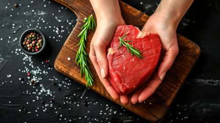 Close up of skilled butcher s hands holding a juicy, marbled, and mouthwatering raw beef steakの素材